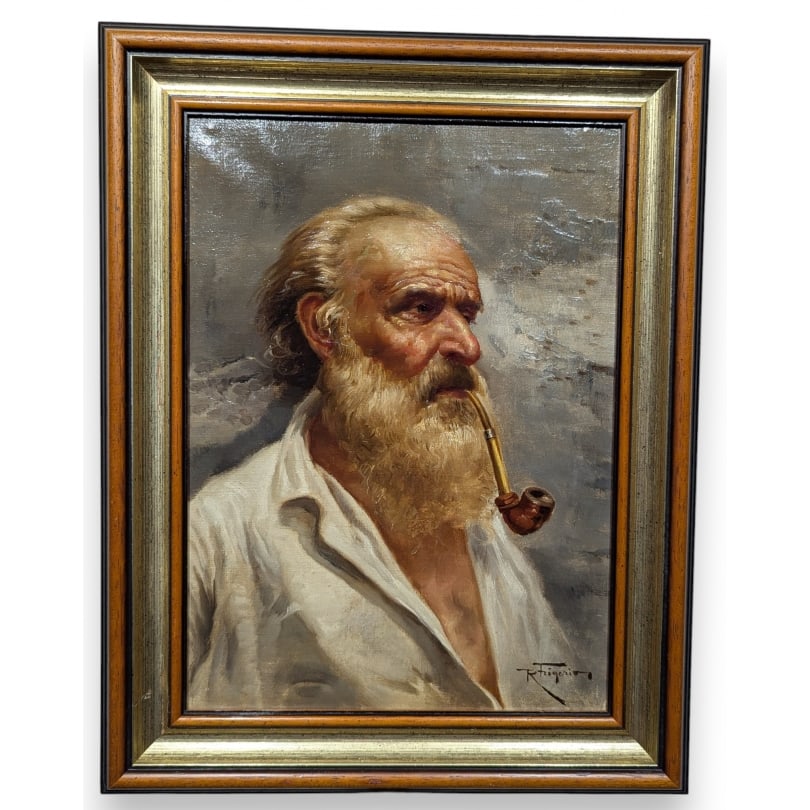 19th century Painting "Portrait of a Man" signed FRIGERIO: Oil on canvas "Portrait of a man with a pipe", signed R. FRIGERIO (Raffaele, 1875-1948)Origin: ItalyPeriod: 19th centuryMaterials: Oil on canvasDimensions: Ht 39 x 29 cm.Frame dimensions: Ht 48 x 38 c