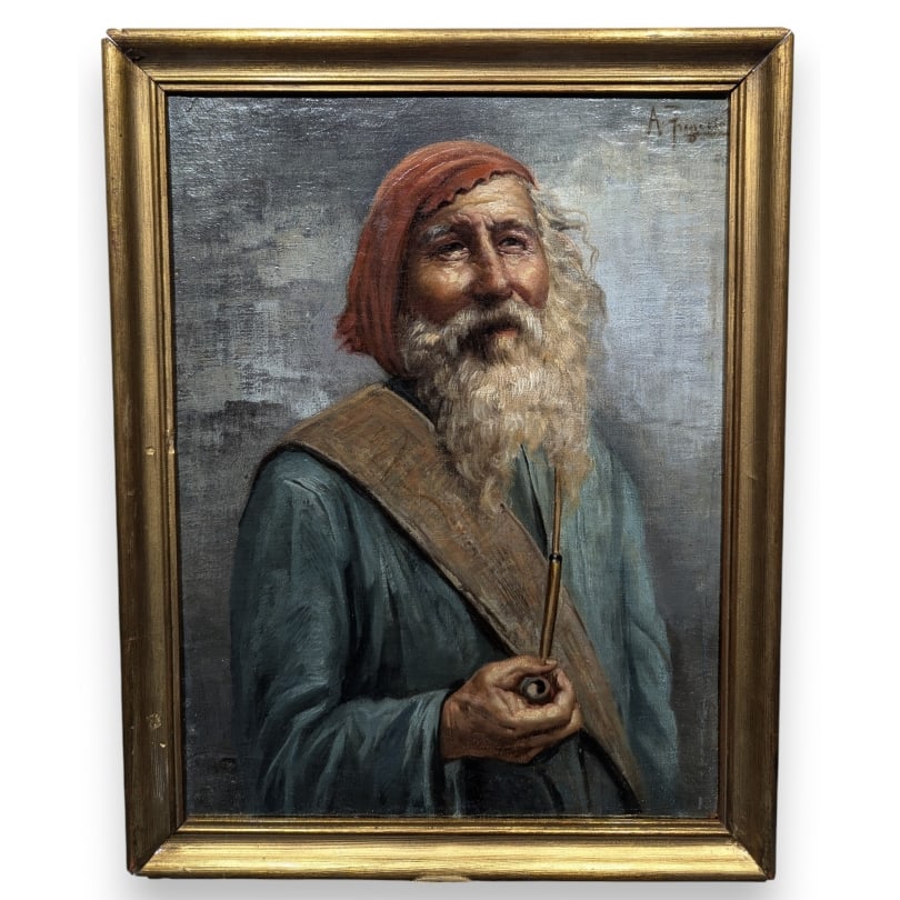 Antique Painting "Man with Pipe" signed A. FRIGERIO: Oil on canvas "Man with pipe", signed A. FRIGERIO (Arturo 1890-1916)Origin: ItalyPeriod: Early 20th centuryMaterials: Oil on canvasDimensions: Ht 37 x 29 cm.Frame dimensions: Ht 41 x 32 cm