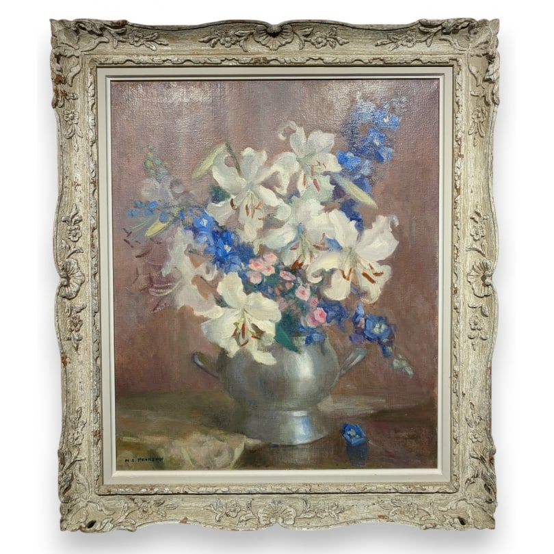 Painting "Amaryllis Lillies" signed PEARSON: Oil on panel still life "Amaryllis Lillies" signed MS PEARSON (Marguerite Stuber 1898-1978)Origin: United StatesPeriod: 20th centuryMaterials: Oil on panelDimensions: Ht 75 x 62 cmFrame dimensions: Ht