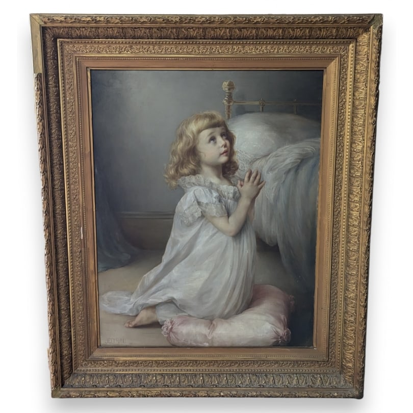 Swiss Painting "Girl at Prayer" signed JC DURAND: Oil on canvas "Little Girl at Prayer" signed JC DURAND 1880Origin: SwitzerlandPeriod: 19th centuryMaterials: Oil on canvasDimensions: Ht 89 x 71 cm.Frame dimensions: Ht 120 x 102 cm.