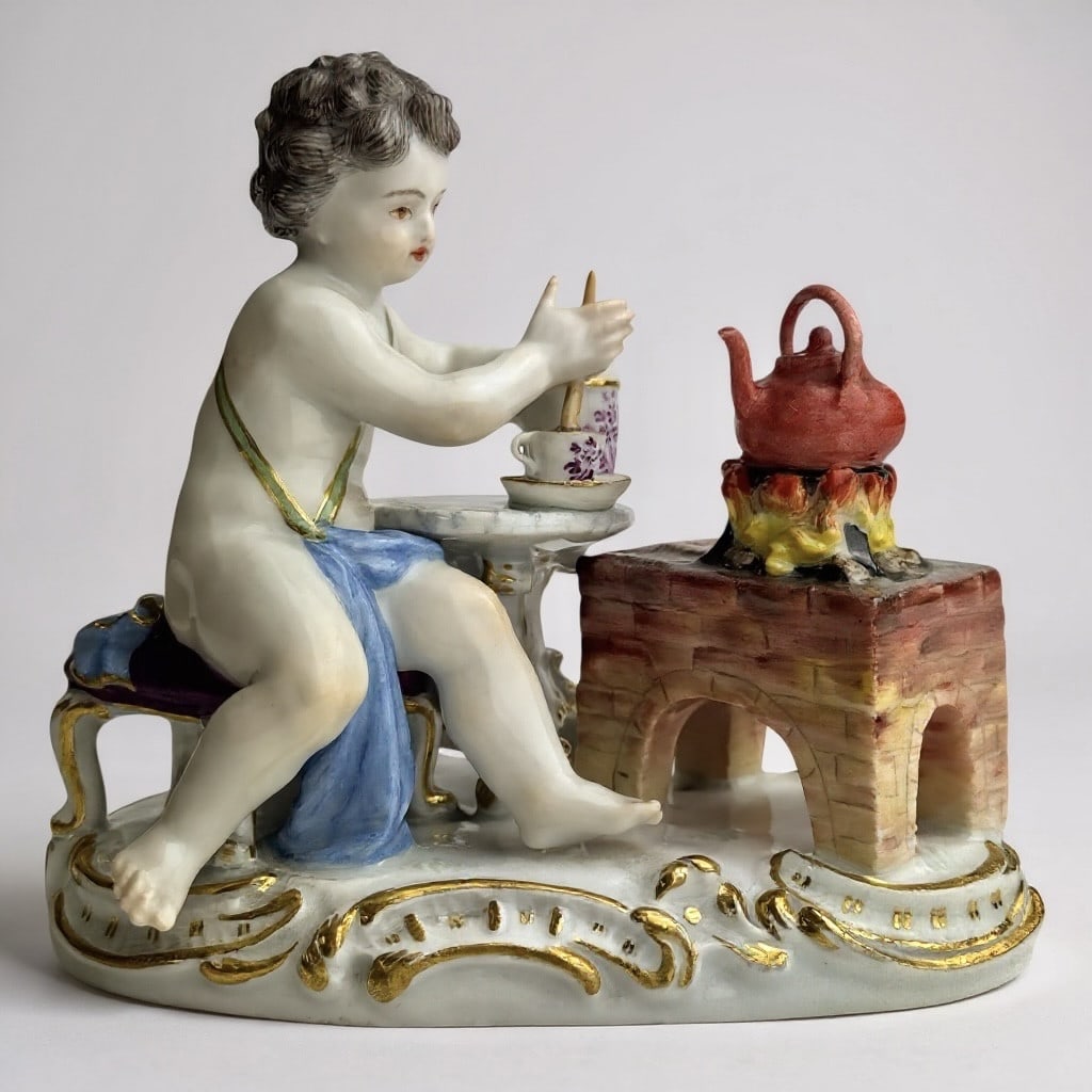 German Meissen - Allegory "Fire": Meissen porcelain group, allegory of fire from the series "Four Elements" (Allegorie das feuer aus einer serie die vier elemente), depicting a child seated by a fire preparing chocolate, polychrome pa