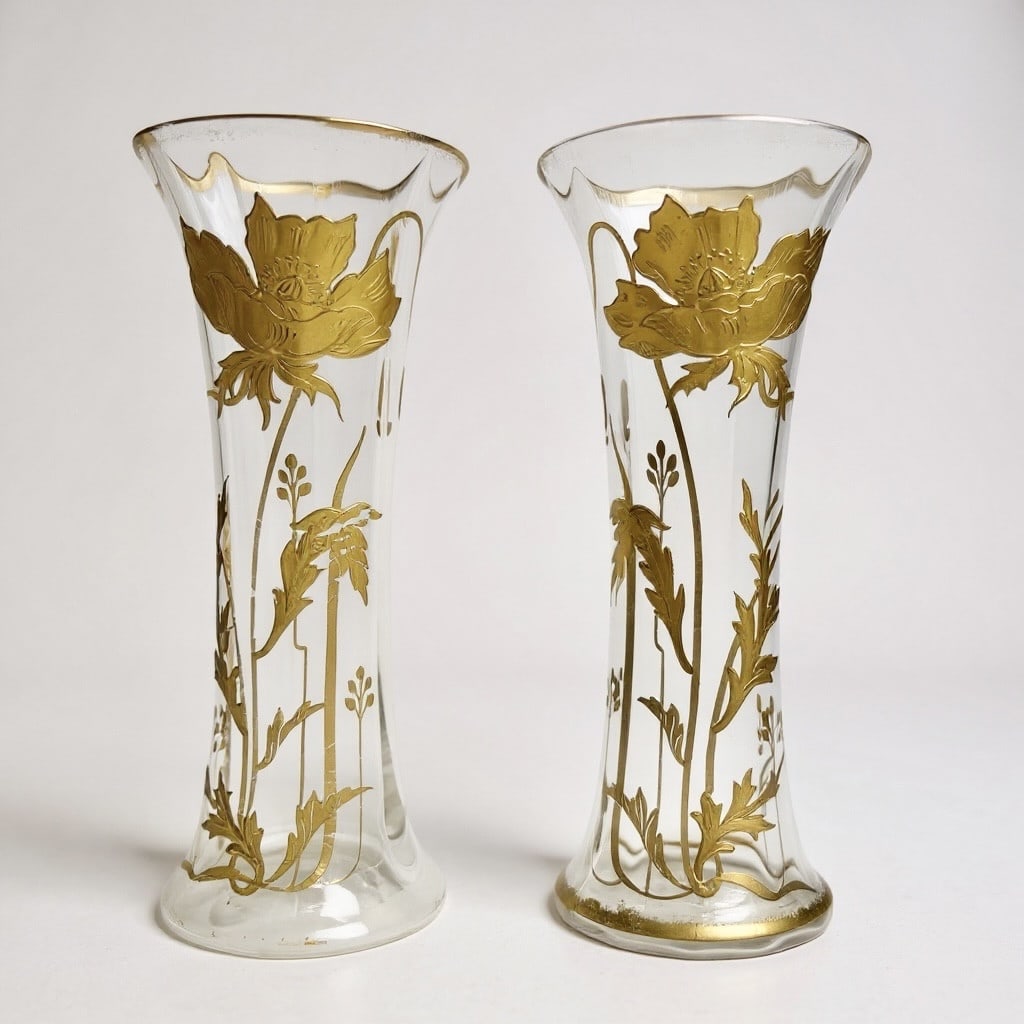 Baccarat - pair of vases decorated with anemones: Pair of Baccarat Art Nouveau cylindrical transparent vases, Venetian ribbed pattern with enameled relief anemones. The ends are highlighted with fine gold.A similar model is listed in the Old Baccarat