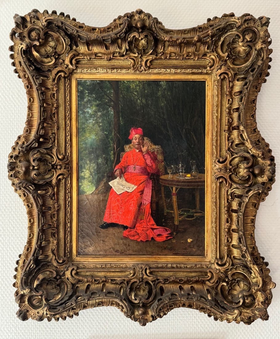François Brunery - Afternoon Drink: Oil on canvas, scene of a cardinal sitting in the garden, reading his newspaper and drinking. Signed "F. Brunery" lower right. Framed, the frame is in perfect condition and bears a barely legible labe