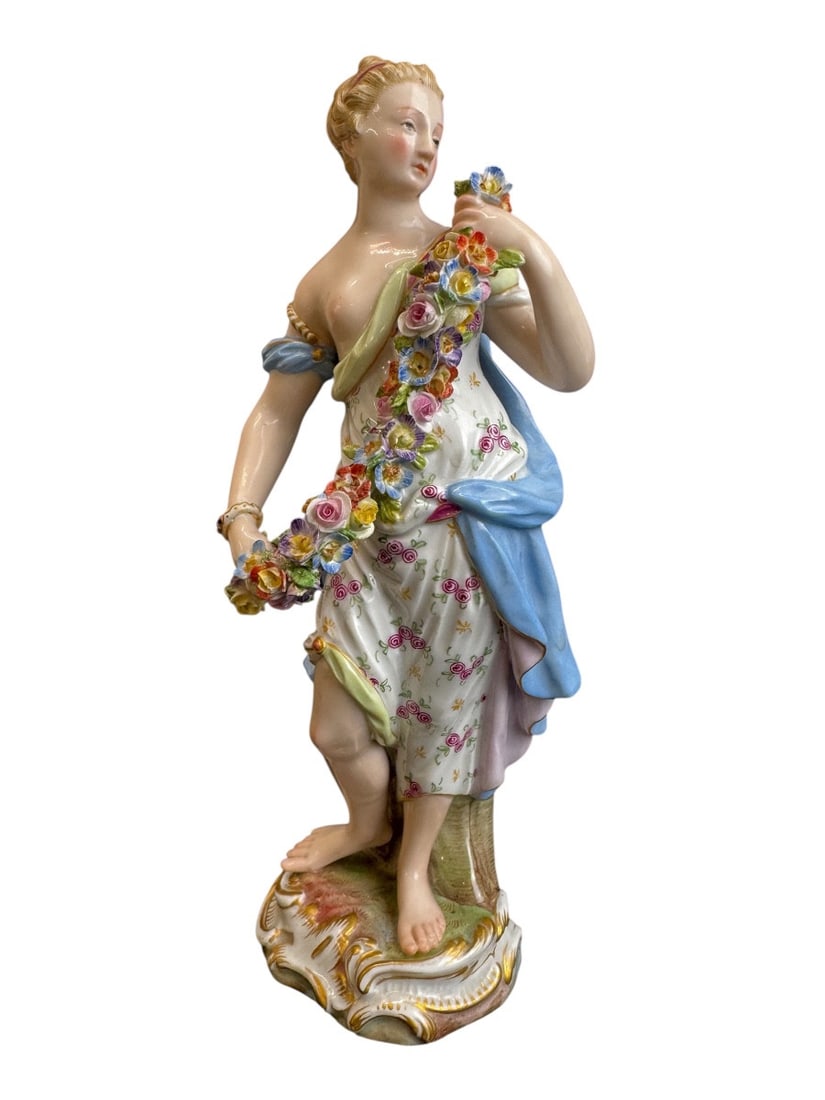 Meissen - Porcelain figure, Allegory of Spring: Meissen porcelain figure from the Four Seasons series, Allegory of Spring. Model created by Johann Joachim Kaendler between 1768 and 1770. The figure has an old professional restoration to its arm; se