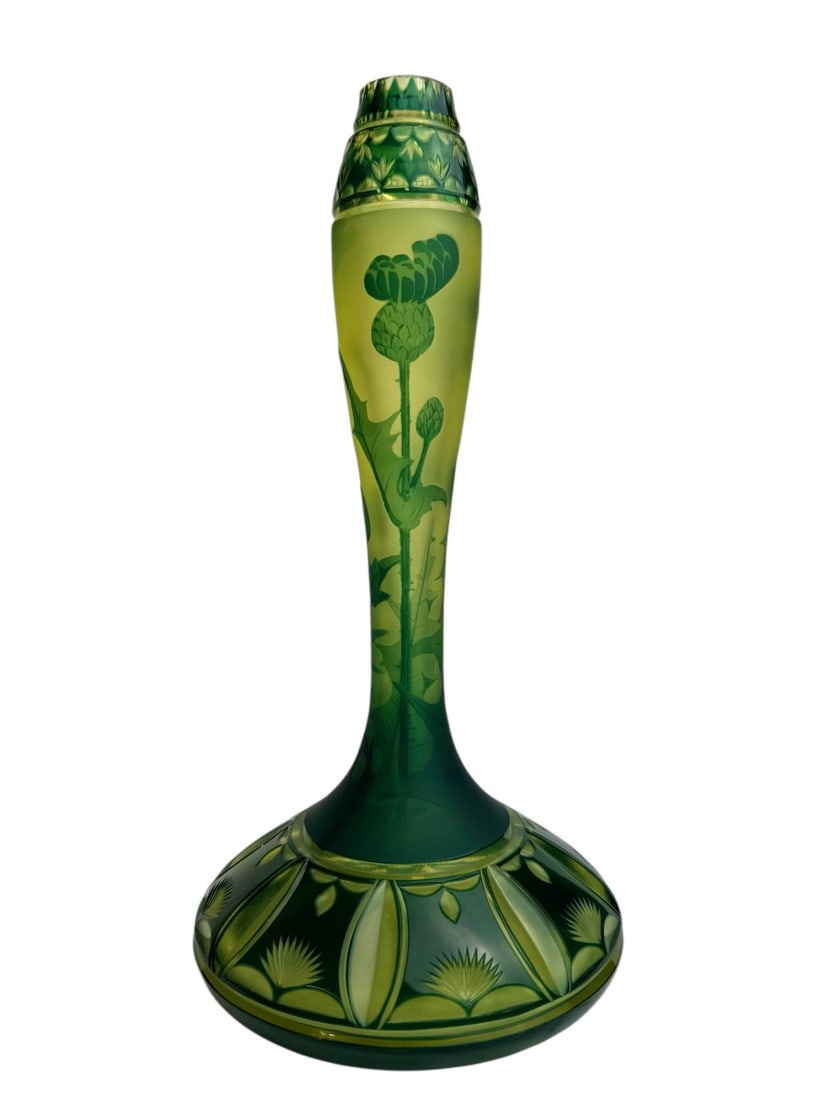 Val Saint Lambert - Fluoval vase decorated with thistles in uranium crystal.: "Val Saint Lambert - Fluoval vase decorated with thistles in uranium crystal."A green-lined, blown, acid-etched, and cut uranium crystal vase decorated with thistles, signed VSL within the design. Lik