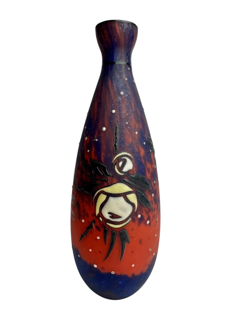 Art Deco Delatte - Vase with Roses: Oval vase in marbled glass with red and dark blue powder. Decorated with stylized roses, outlined in black and enameled in white, yellow, and black. The neck is outlined in black, and the body is deco
