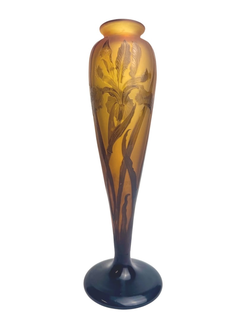 Paul Nicolas d'Argental - Vase decorated with irises Art Nouveau: Vase decorated with iris motifs engraved using acid and wheel engraving, in warm, deep tones of brown and golden yellow. The flowers are exquisitely delicate. Signed "D'Argental" with a Lorraine cross