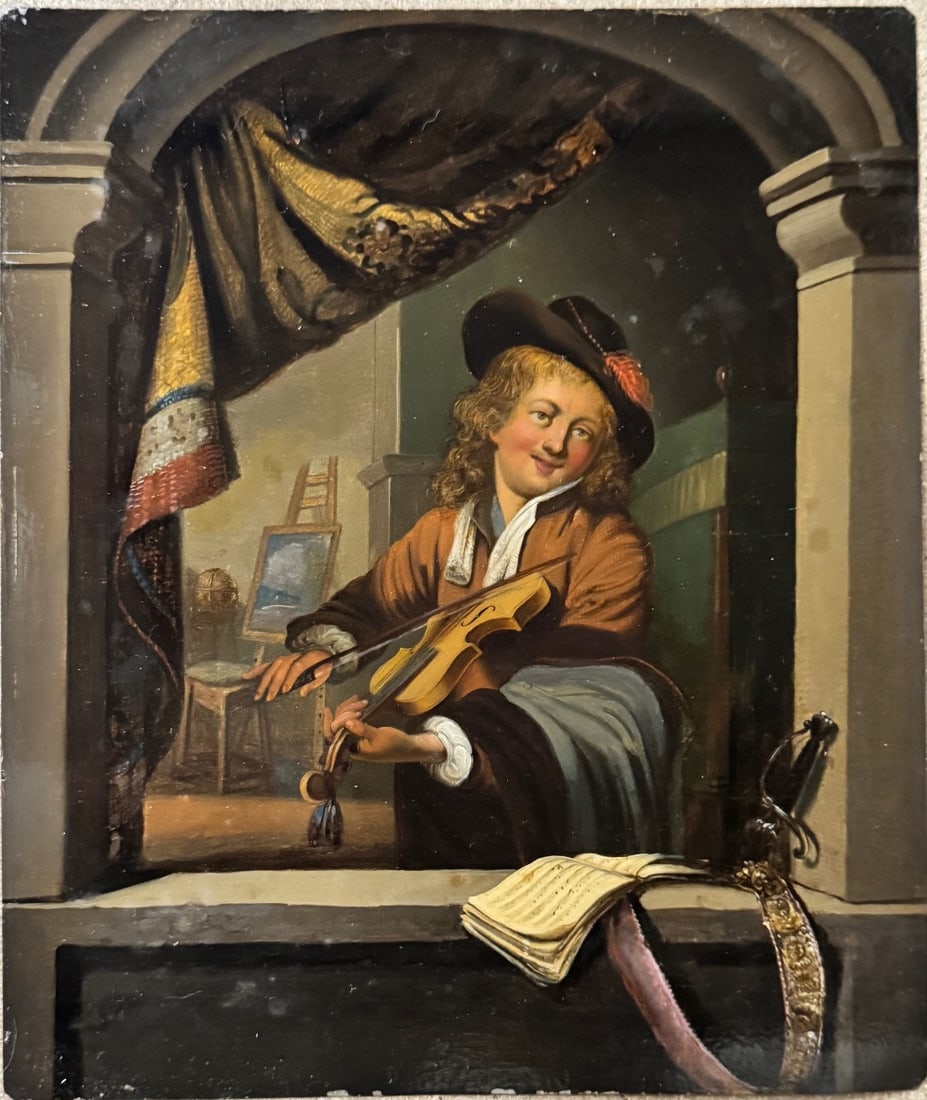 19th Century European School - Playing the Violin: European School, 19th century, oil on metal, Playing the Violin. Bears a label on the reverse: Genre-Bild, Don Violin spilenel Grand No. 5, subject N: 106. In good condition, some stains, see photos.