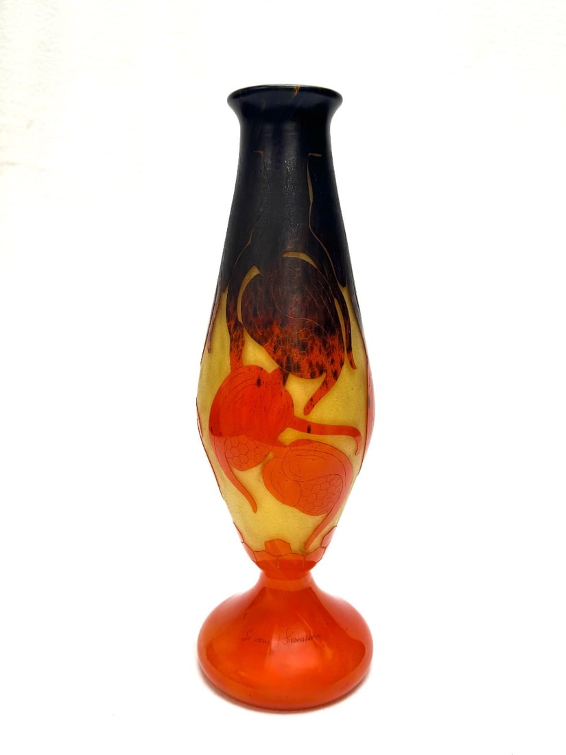 French Glass - Hop Vase: "Hops" vase in multi-layered orange and dark blue mottled glass on the upper part against a yellow background, with acid-etched decoration and wheel-cut details. Incised signature "Le Verre Français"