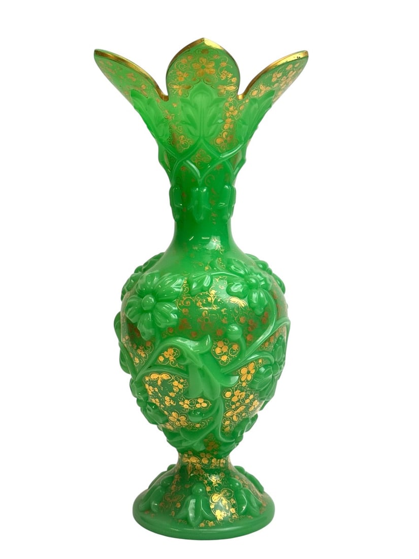 Baccarat, fancy opaline vase: Baccarat, fancy opaline vase on a footed base with a molded and pressed blown body featuring rich floral motifs enhanced with gold and a cut-out flower finish.Height: 35cm