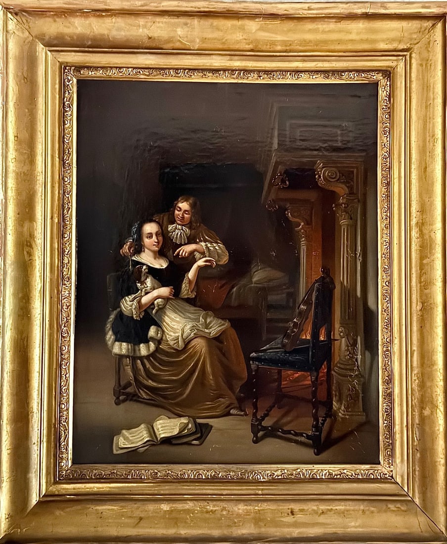 19th-century French school, The music lesson: French School, oil on canvas, scene of a recently concluded music lesson. The young woman remains seated, a dog on her lap, the sheet music beside her, and the violin resting on the chair. 19th-centur