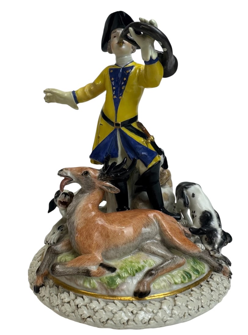 Meissen porcelain group - Hunter with deer and dogs: Meissen porcelain group, Hunter with Stags and Hounds (Jäger mit Hirsch und Hunden). Model created by Johann Friedrich Eberlein circa 1739. Marked with blue crossed swords and numbered 216. Restored,