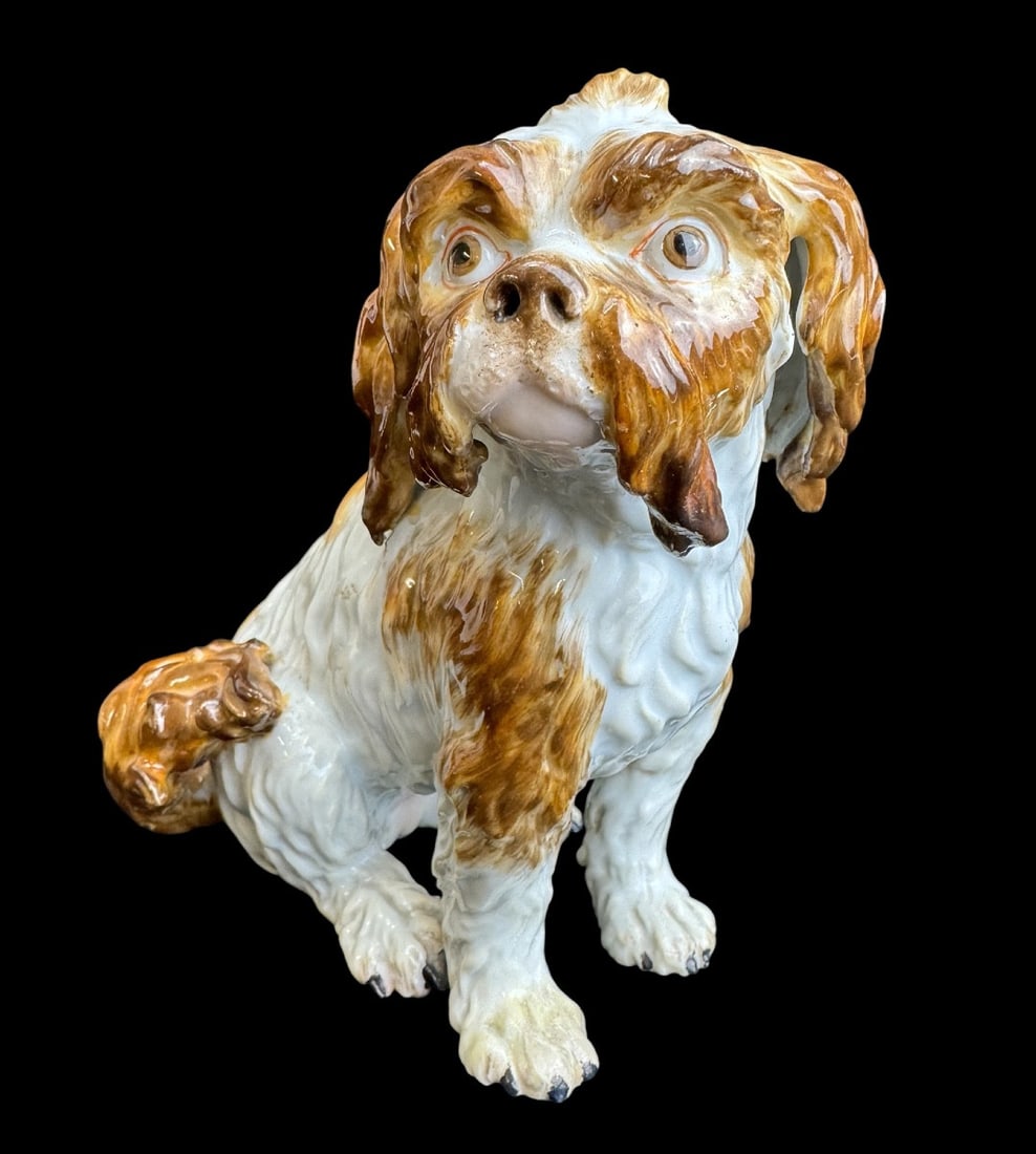 Meissen - Porcelain Dog “Bologneser Hund”: Meissen porcelain "Bologneser Hund" dog figure. Model created by Johann Joachim Kaendler circa 1768-1770. Blue cross-hatched mark, numbered C27 on its base, 20th-century restoration to one whisker. Li