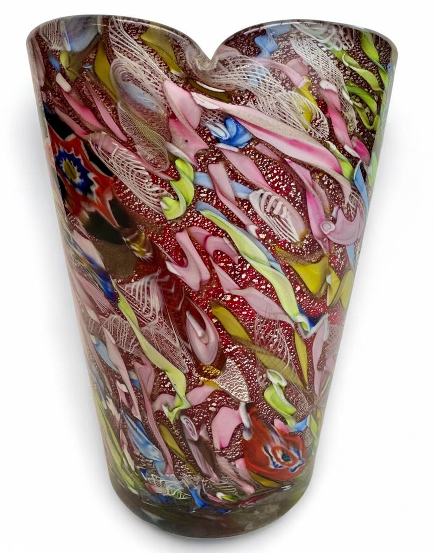 Tutti-frutti Murano Glass Vase: A Venetian glass vase from the 1950s/60s, made on the island of Murano, near Venice, Italy. This piece was produced by AVEM (Arte Vetraria Muranese) as part of their "Bizantino" series (commonly known