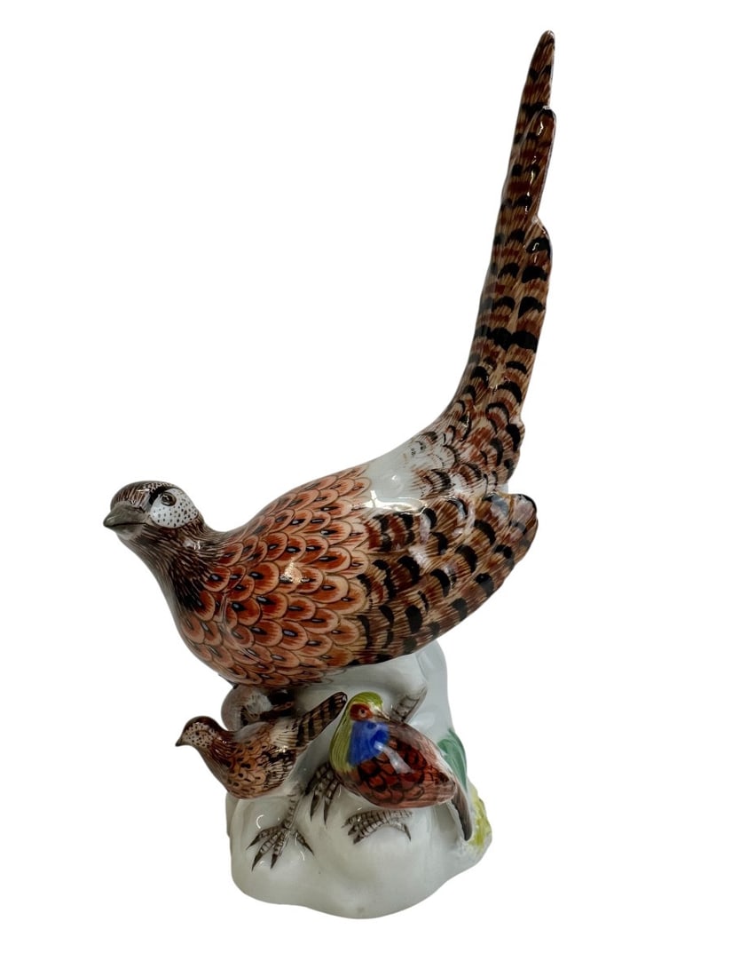 Meissen - Porcelain group - Pheasant with three chicks: Meissen porcelain figure of a pheasant with three pheasant chicks. Model created by Johann Joachim Kaendler between 1764 and 1766. Marked with blue crossed swords and numbered A12x. Listed in the Meis