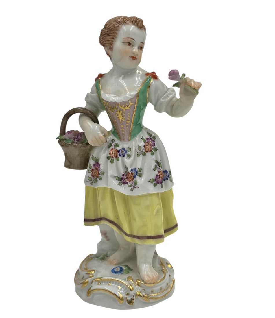 Meissen - Porcelain figurine of a child gardener with a basket of flowers: Meissen porcelain figure of a child gardener with a basket of flowers (Gärtnerkind mit Blumenkorb). Model from a series of 80 figures created by Johann Joachim Kaendler between 1750 and 1760. Marked
