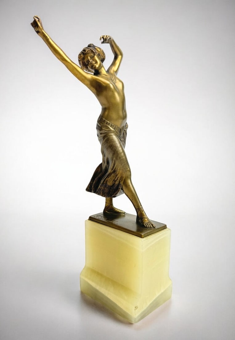 F. Peleschka, Bronze Figure of a Dancer with Castanets: Art Deco bronze sculpture of a dancer, titled "Dance with Castanets," created by Franz Peleschka around 1915. This piece is full of movement with an elegant realism and exceptional detail, even down t