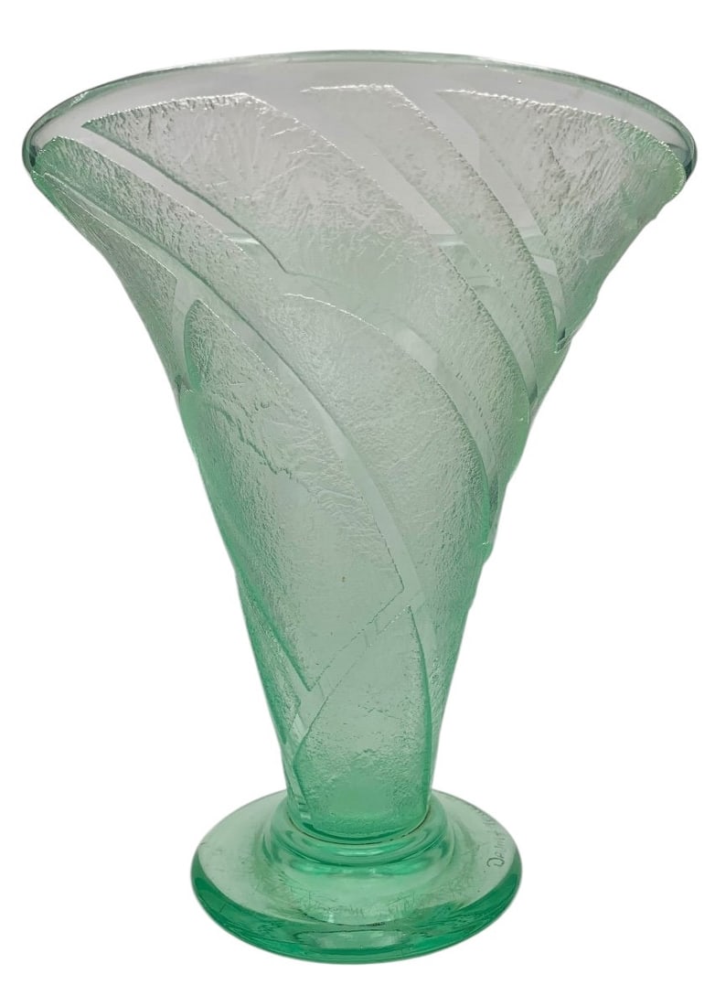 Daum Nancy - Art Deco Geometric Decorative Vase: A flared vase with a geometric Art Deco design, circa 1937, in a pale green color with a luminous, monochrome finish, deeply acid-etched. Signed on the base "Daum Nancy France" with the Cross of Lorra