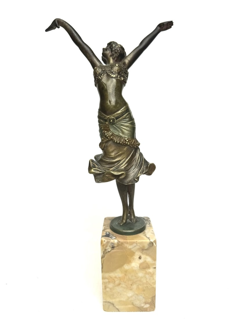 Art Deco Paul Philippe Art Deco Bronze Figure "Radha": Art Deco cold-painted bronze figure, "Radha" by Paul Philippe, depicting a seductive dancer in exotic costume, her skirt swirling as she stands on tiptoe, her hands raised. Signed on the base P. Phili