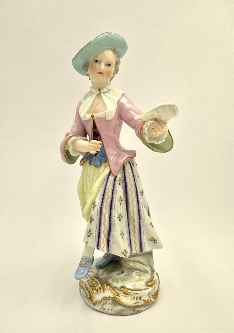 Meissen, Porcelain Figurine of a Singing Woman from the Gallant Chapel: Meissen porcelain figurine, Singer from the Gallant Chapel (Sängerin aus der Galanten Kapelle). Model created by Johann Joachim Kaendler and Friedrich Elias Meyer circa 1755-1760. Blue crossed swords