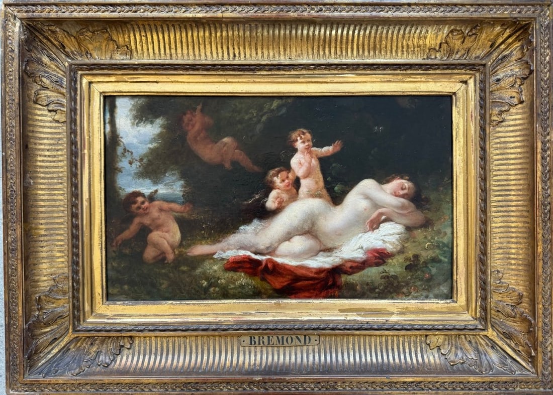 19th century Jean-François Brémond - Venus and the Angels: Oil on panel of Venus asleep in the forest with four angels playing around her. Signed lower left, framed. Dimensions: 25 x 41 cm and 41 x 57 cm with frame.