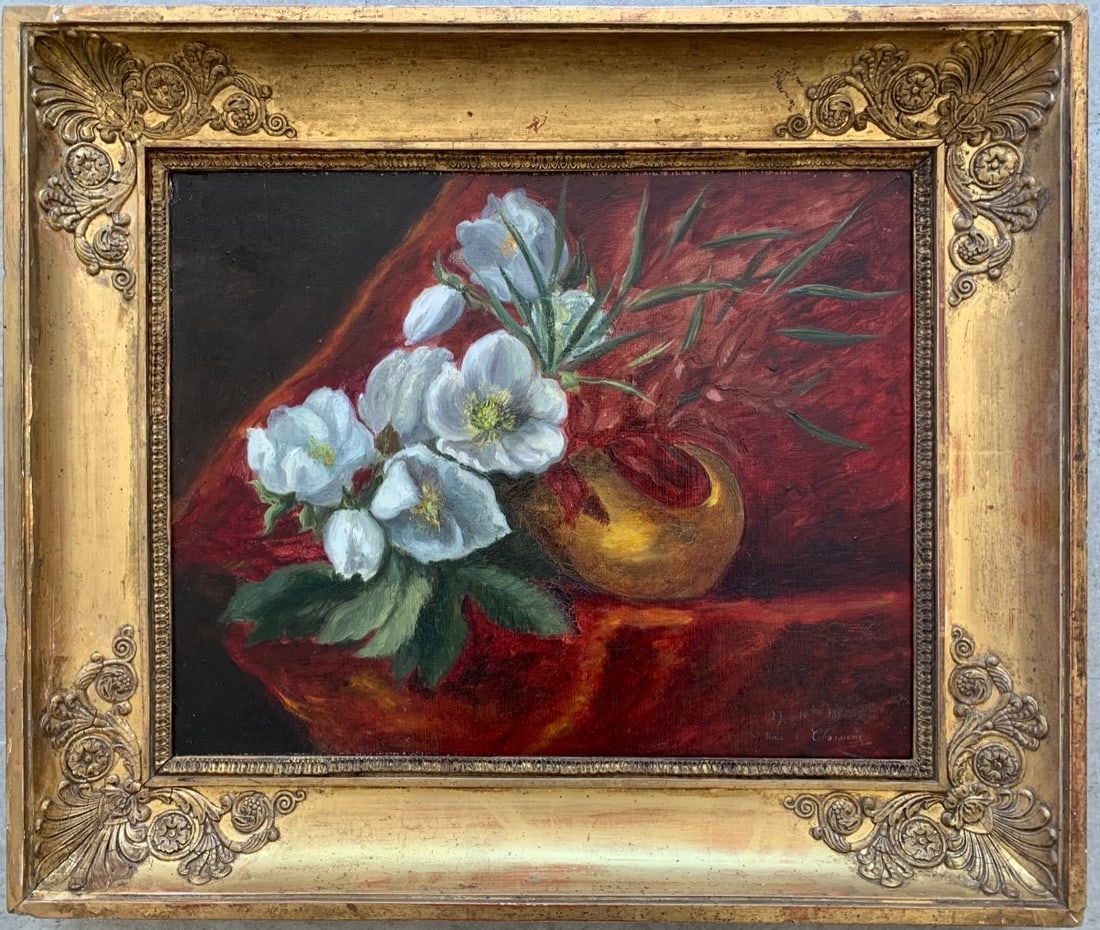 19th century Marie De Chausserie - Apple Blossoms: Marie de Chausserie, oil on canvas, composition of apple blossoms, signed and dated lower right, framed. Measures 33 x 41 cm and 44 x 52.5 cm with frame.
