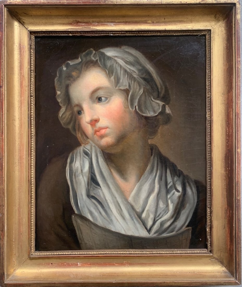 French School - Portrait of a Young Girl: French School, 19th century, after Jean-Baptiste Greuze, portrait of a young girl in a white bonnet, framed, bears a stamp on the back. Dimensions: 40 x 32 cm and 50 x 42 cm with the frame.