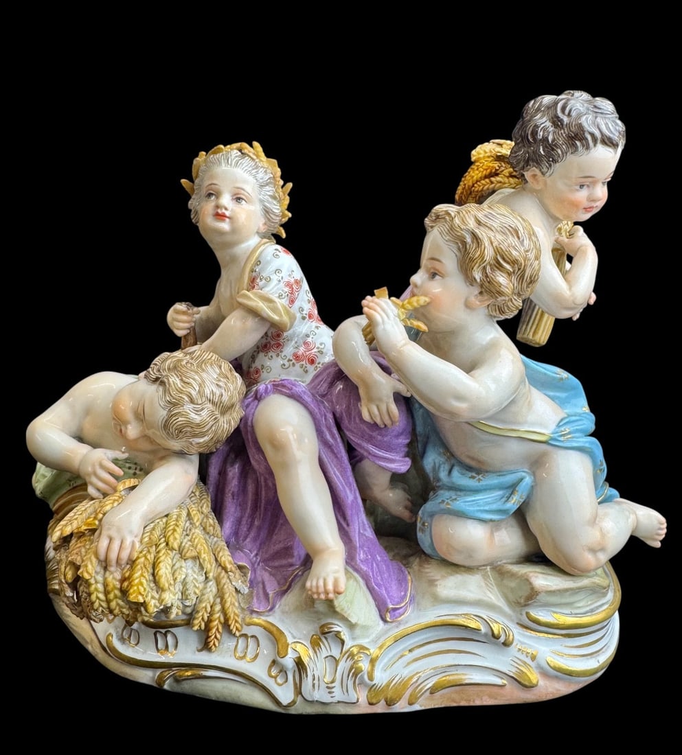 Meissen - Porcelain group Allegory of Summer: Meissen porcelain group from the Four Seasons series, Allegory - Summer (Allegorie-Der Sommer). Model created by Johann Joachim Kaendler in 1757. In good condition, with some minor losses to the wheat