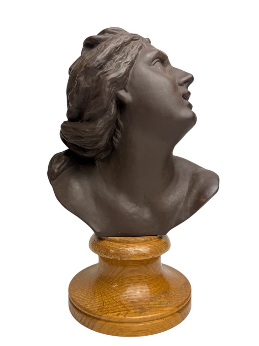 Meissen, bust of Proserpina by Benjamin Thomae in brown sandstone: Bust of Proserpine in glazed brown stoneware, known as "Böttger Steinzeug," on a wooden base, designed by Benjamin Thomae after the famous marble sculpture by Bernini in the Borghese Gallery, Rome. C