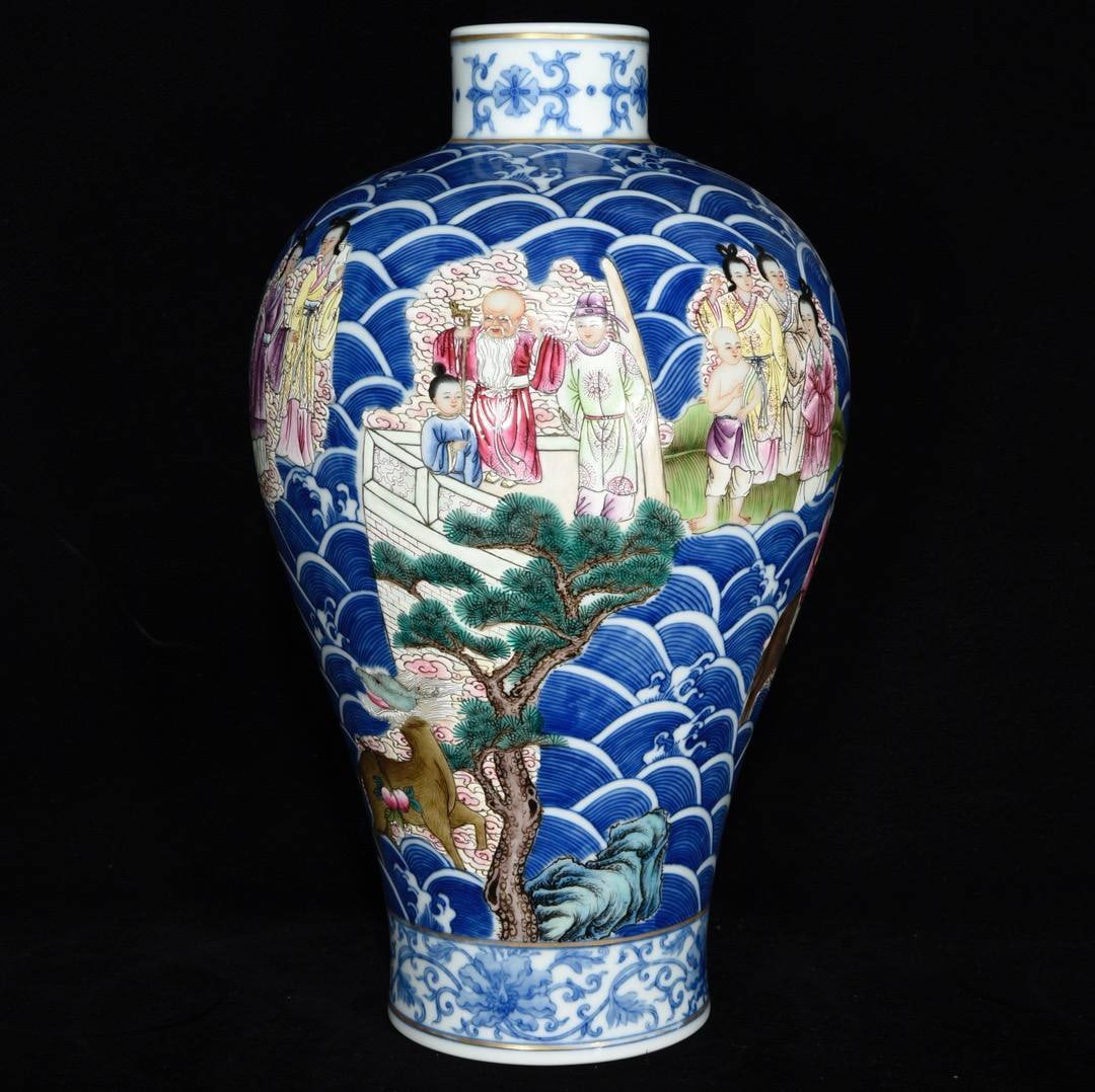 A Qing Dynasty Qianlong period blue and white famille rose plum vase with a design: A Qing Dynasty Qianlong period blue and white famille rose plum vase with a design of immortals and figures, measuring 31 x 19 cm.