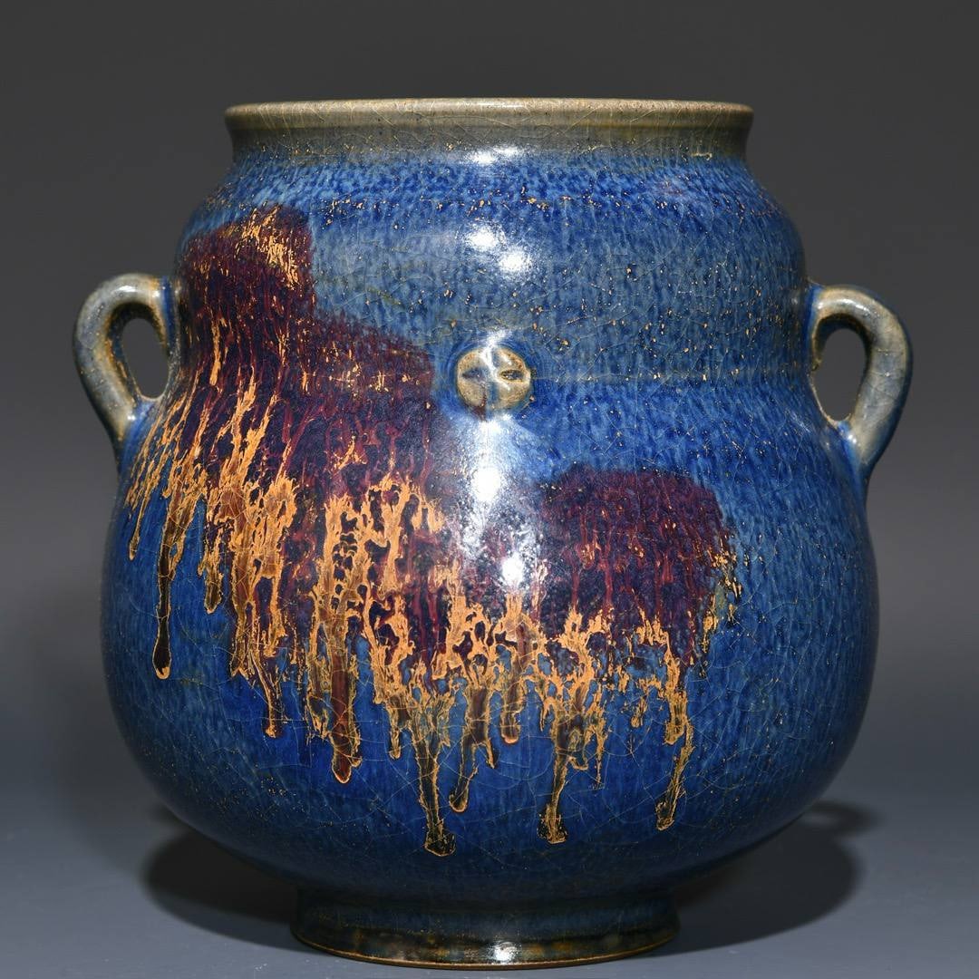 Jun ware double-handled jar: Jun ware double-handled jar, 13.5cm high, 13cm in diameter