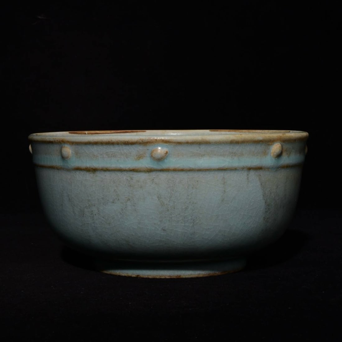 A Song Dynasty Ru ware washer with inscriptions by Emperor Qianlong: A Song Dynasty Ru ware washer with inscriptions by Emperor Qianlong, measuring 8.5 x 17.6 cm in height.