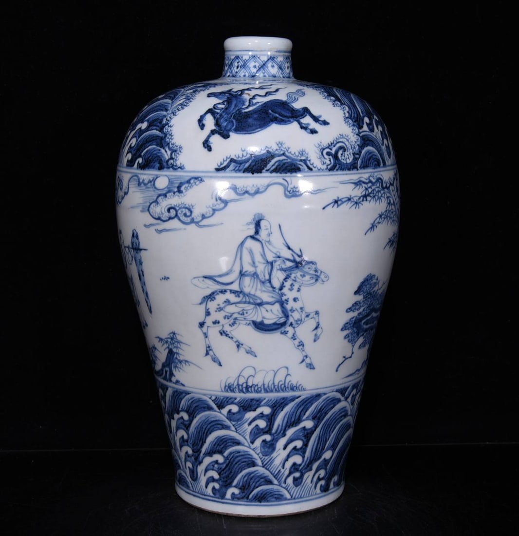 blue and white porcelain plum vase with a design of a musician visiting: Tomorrow, a blue and white porcelain plum vase with a design of a musician visiting a friend will be made. Dimensions: 32 x 20 cm.