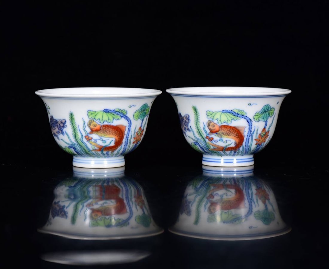 A small doucai bowls with fish and algae design, dating to the Yongzheng: A small doucai bowls with fish and algae design, dating to the Yongzheng period of the Qing dynasty, measuring 4.5 x 7 cm.