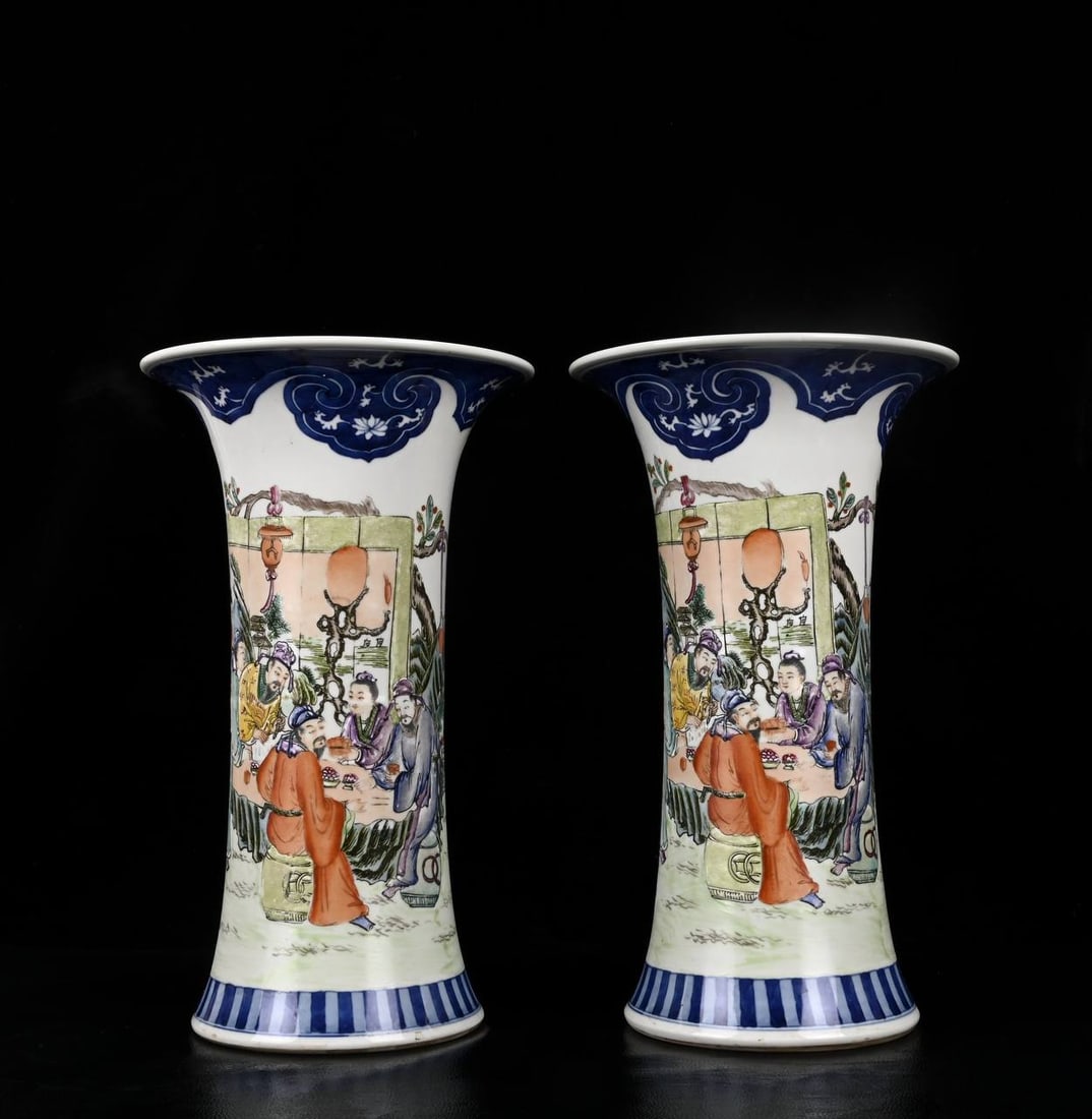 Qing Dynasty, Guangxu Period, Blue and White Famille Rose Figure Flower pair Vases: Qing Dynasty, Guangxu Period, Blue and White Famille Rose Figure Flower pair Vases 31*18 cm