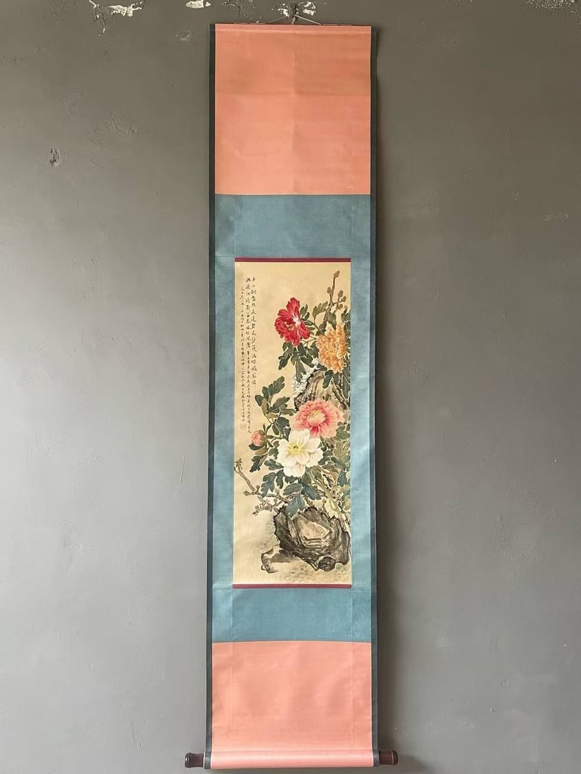 Handmade Painting by Miao Guying, Hanging Scroll, Flowers: Handmade Painting by Miao Guying, Hanging Scroll, FlowersItem Size-220x55 cmPainting Content-98x40 cm