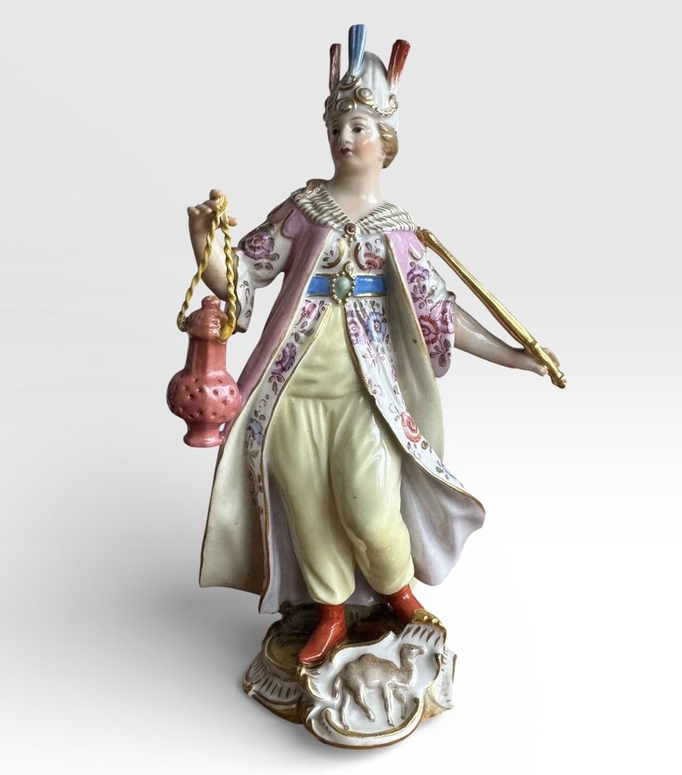 Meissen, an allegory of Asia from the series of continents: Meissen porcelain figurine, allegory of Asia, from the Continents series (Allegory-Asia - Earth Parts). Model created by Friedrich Elias Meyer in 1752. Marked with crossed swords and numbered 1720, 19