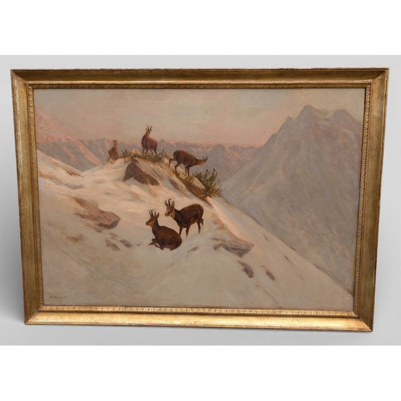 German Painting "Chamois" signed K. WENZEL: Oil on canvas "Chamois on a snowy summit" signed K. WENZEL (Karl W. 1887-1947)Origin: GermanyPeriod: 20th centuryMaterials: Oil on canvasDimensions: Ht 79 x W115 cmFrame dimensions: Ht 91 x W127 cm