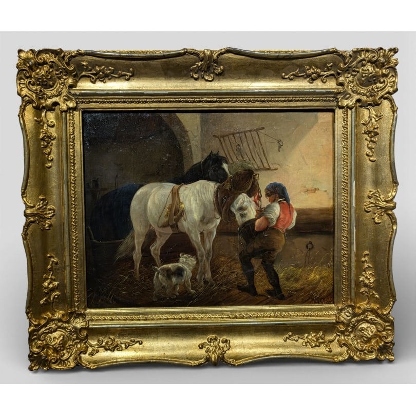 Austria19th century Painting "At the Stable" signed KÜBLER L: Oil on canvas "At the Stable" signed KÜBLER L (Ludwig 1823-1874)Origin: AustriaPeriod: 19th centuryMaterials: Oil on canvasDimensions: Ht 30 x 38 cmFrame dimensions: Ht 48 x 56 cm