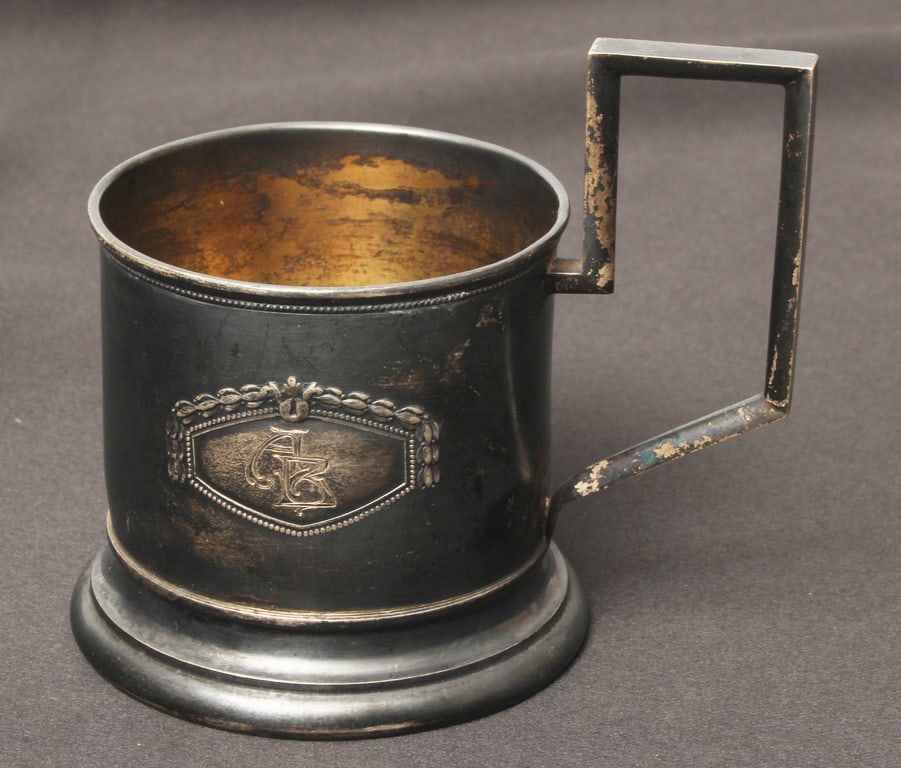 Antique Russian Empire 84 Silver glass holder: Gilding. WEIGHT 131.42 grams, 9.5x7 cm