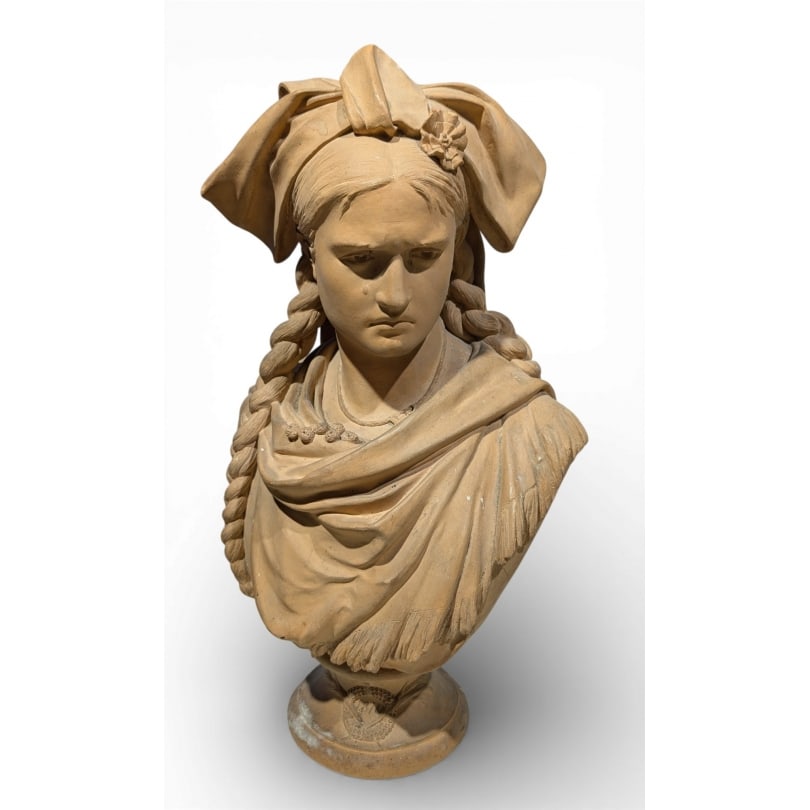 French 19th century Bust "Alsace" signed L. GREGOIRE 1872: Bust "Alsace" signed L. GREGOIRE 1872 (Jean-Louis 1840-1890) in terracotta, Susse Frères editionOrigin: FrancePeriod: 19th centuryMaterials: TerracottaDimensions: Ht 46 x 26 x 18 cm