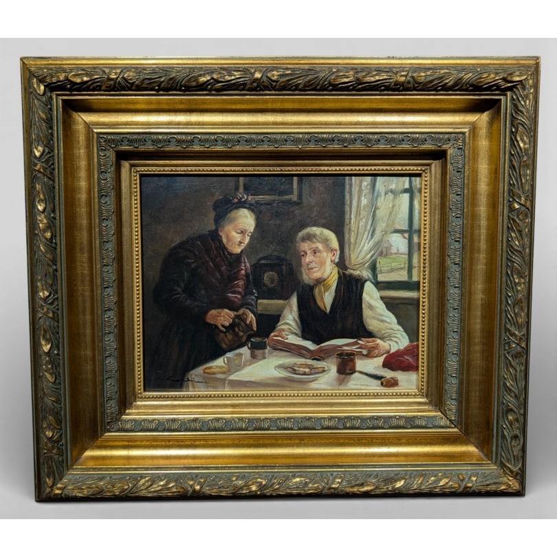 French Painting "Interior Scene" signed: Oil on wood "Interior Scene" signedOrigin: FrancePeriod: 20th centuryMaterials: Oil on woodDimensions: Ht 19 x 24 cmFrame dimensions: Ht 38 x 43 cm