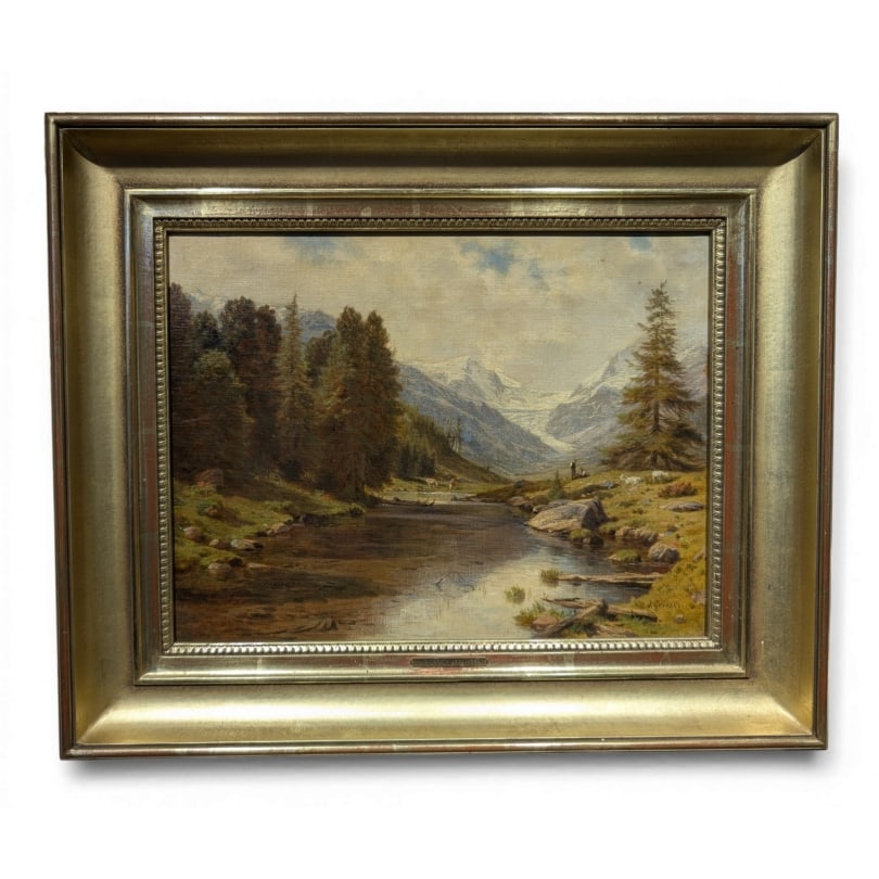 Swiss 19th century Painting "Mountain" signed J. GEISSER: Oil on canvas "Mountain River at Arolla" signed J. GEISSER (Johann Joseph 1824-1894)Origin: SwitzerlandPeriod: 19th centuryMaterials: Oil on canvasDimensions: Ht 34 x 45 cmFrame dimensions: Ht 50 x 61
