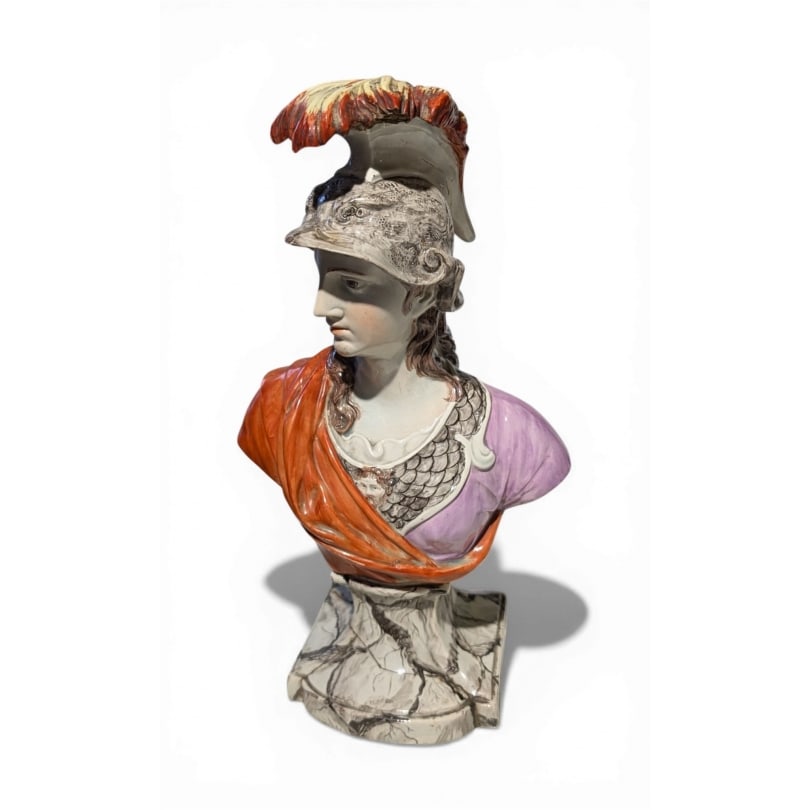 English 19th century Staffordshire faience bust of Minerva: Staffordshire faience bust of Minerva(Repaired)Origin: EnglandPeriod: 19th centuryMaterials: EarthenwareDimensions: Ht 31 x 19 x 12 cm