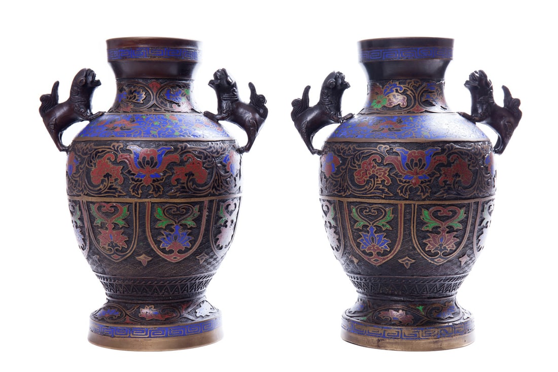 A pair of bronze vases with raised enamel, 33 cm (1 of 7)