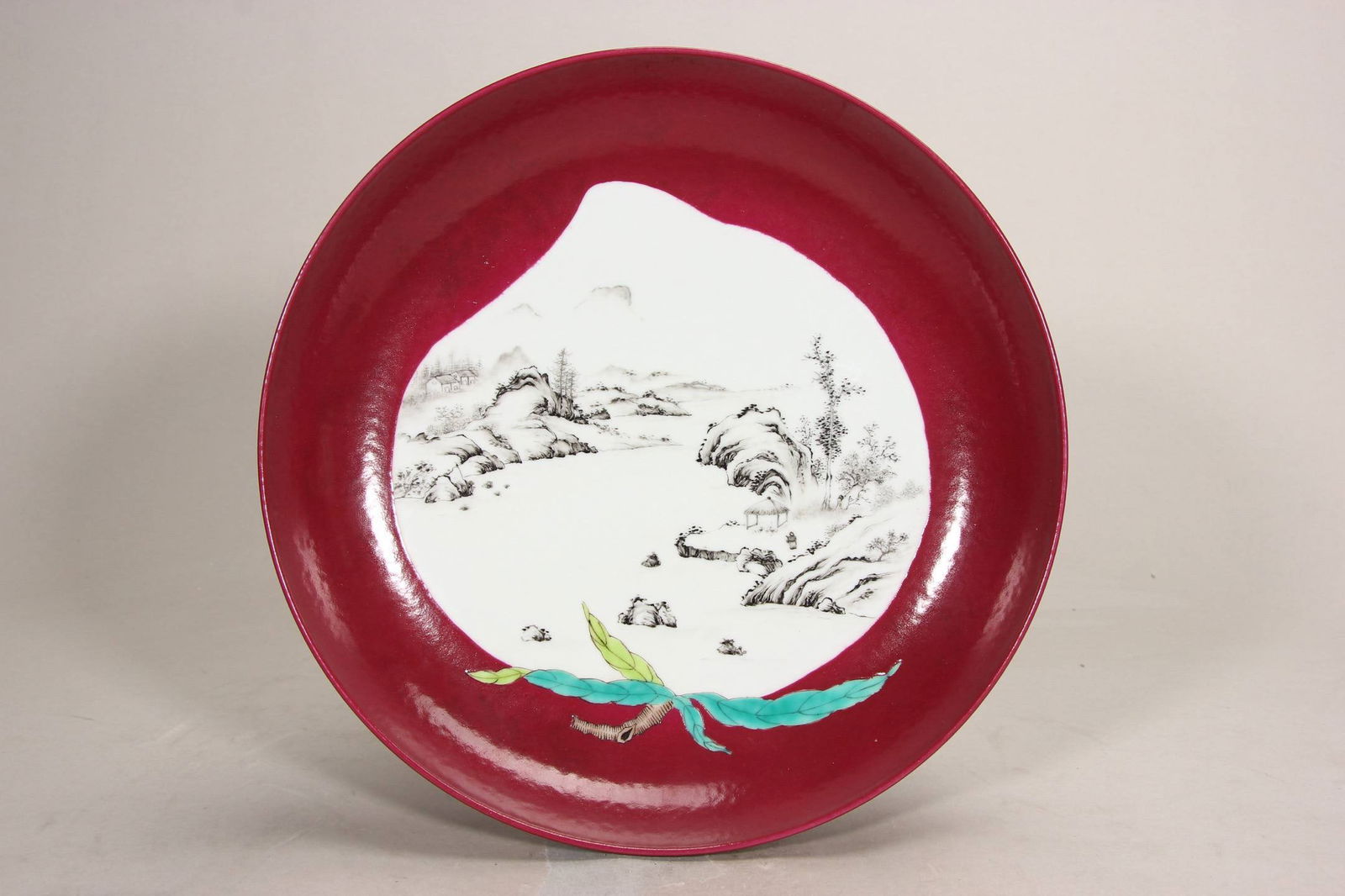 Qing Dynasty, Jiaqing Period, Rouge Red Glazed Plate with Windowed Ink Landscape Painting: Qing Dynasty, Jiaqing Period, Rouge Red Glazed Plate with Windowed Ink Landscape Painting, 25 cm in diameter