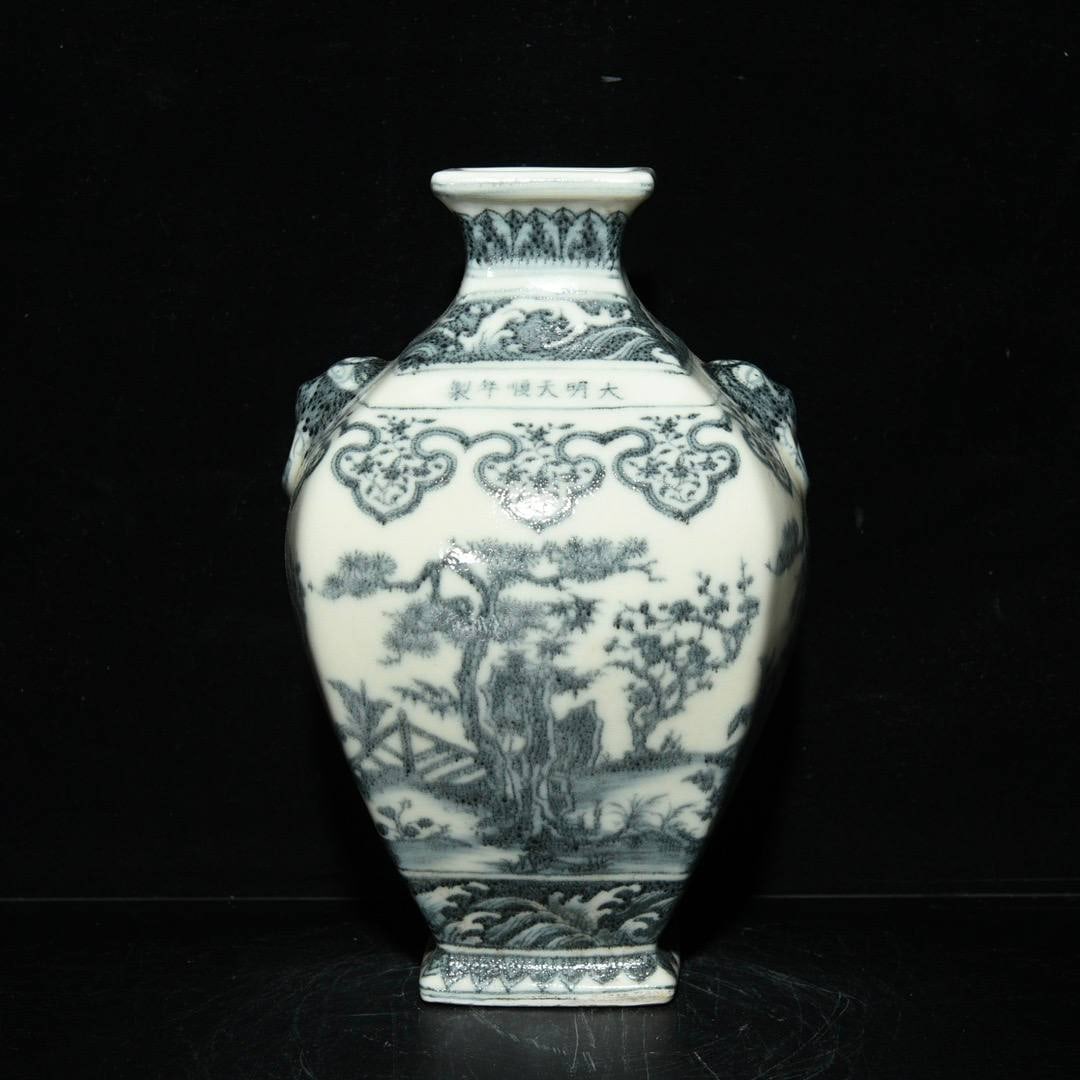 Ming Dynasty blue and white porcelain vase with the Three Friends of Winter design: Ming Dynasty blue and white porcelain vase with the Three Friends of Winter design and animal head motif measures 27 x 17.5 cm.