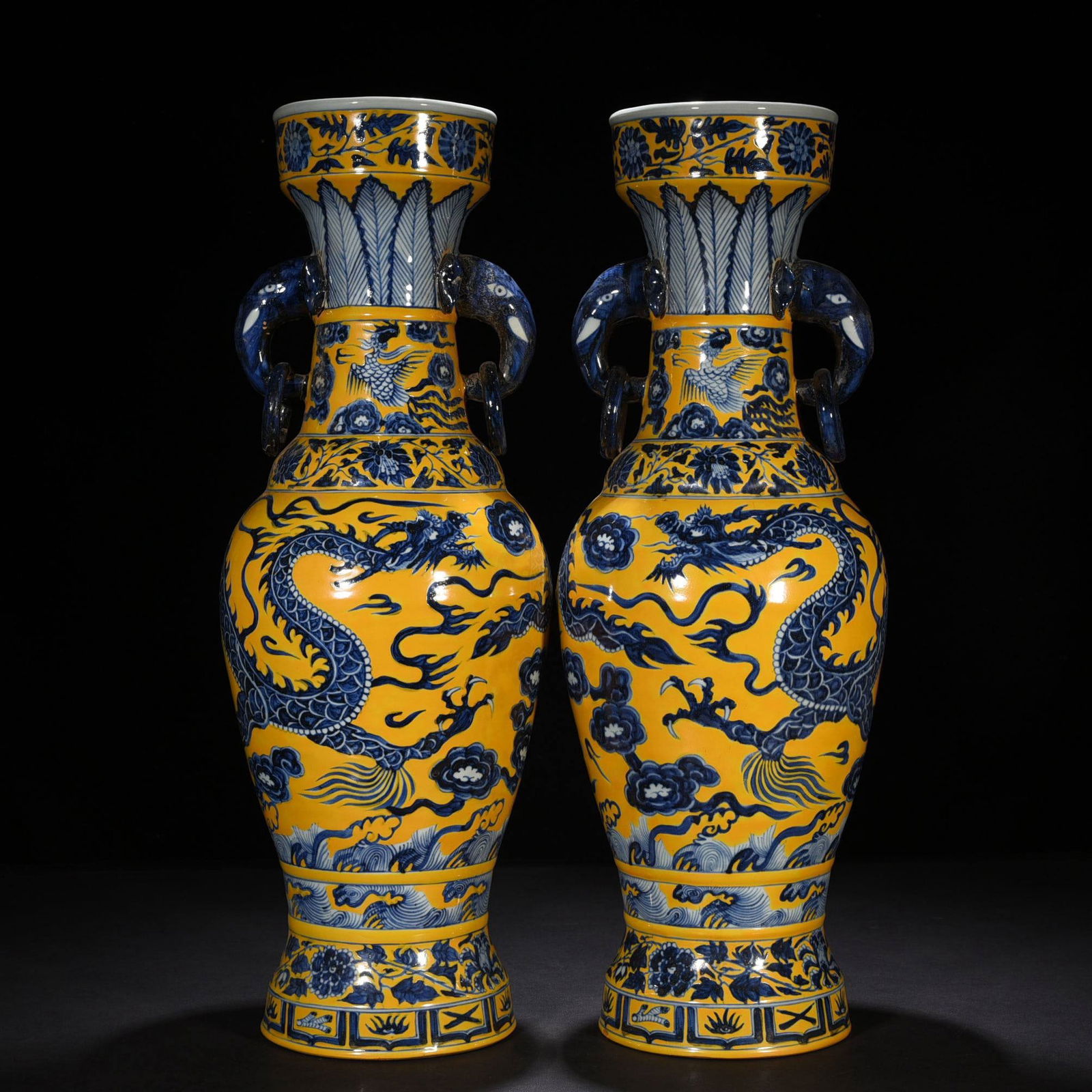 Yuan Dynasty Yellow Ground Blue and White Inscribed Dragon Pattern Elephant Handle Vases: Yuan Dynasty Yellow Ground Blue and White Inscribed Dragon Pattern Elephant Handle Vase, 61*23 cm