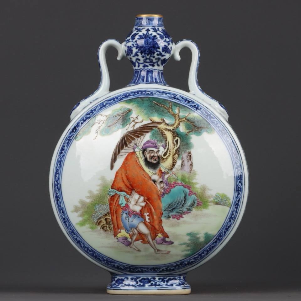 blue and white porcelain moon flasks with gilt-decorated panels depicting figures and stories (1 of 7)