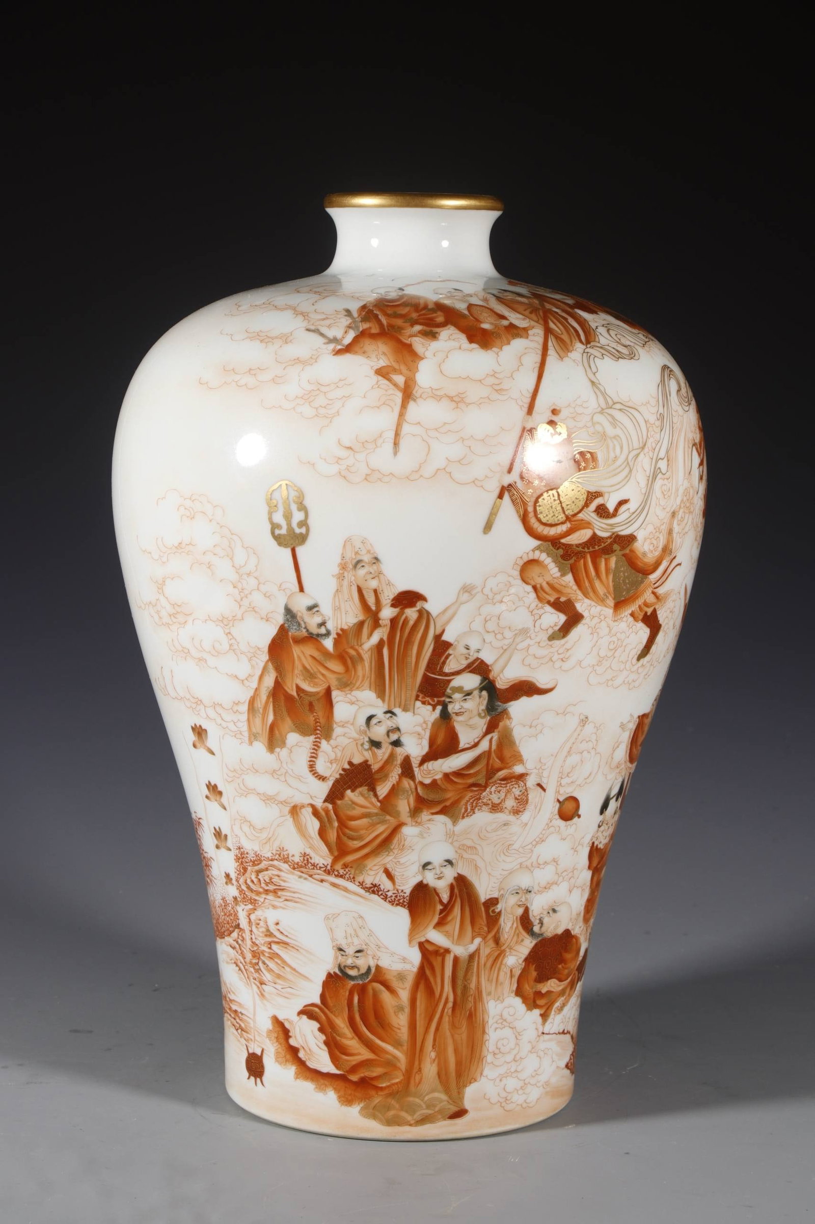 Qing Dynasty, Yongzheng Period A plum vase with iron-red enamel: Qing Dynasty, Yongzheng Period A plum vase with iron-red enamel and gold detailing depicting Sun Wukong (the Monkey King) causing havoc in Heaven. Height: 38 cm, Mouth Diameter: 7.5 cm, Base Diameter: